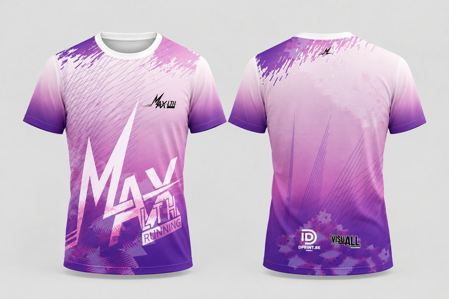 Le maillot officiel MAX LTH Running, violet et rose, vu de face et de dos