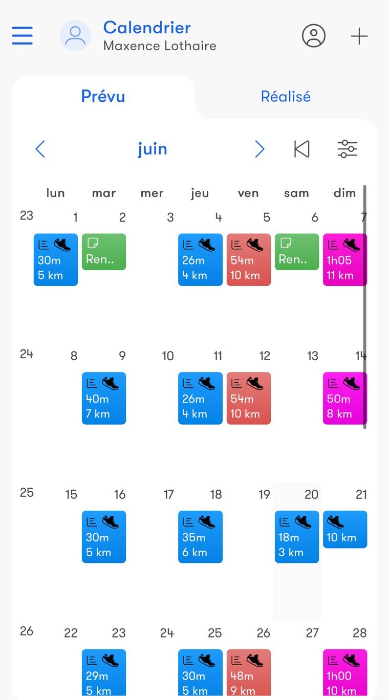 Calendrier d’entraînement du mois dans l’application Nolio, séance par séance